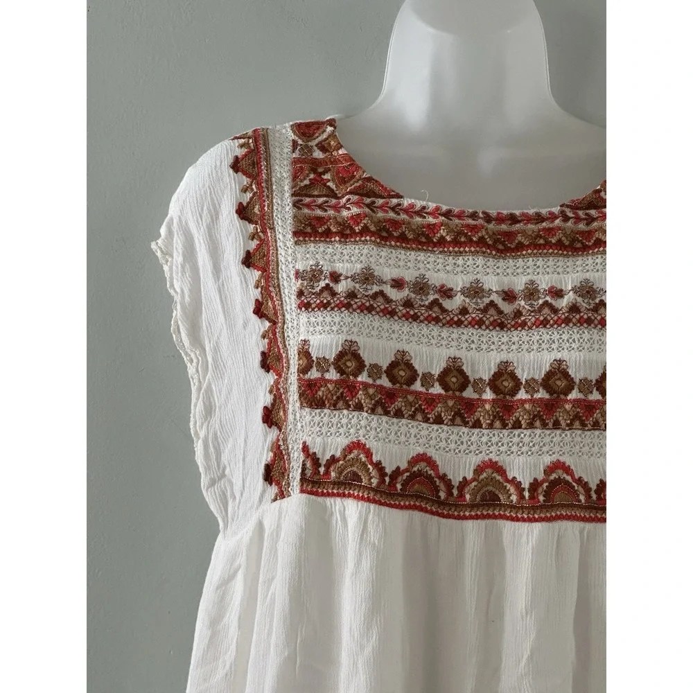 Free People Dress XS Sunrise Wanderer Mini Dress Embroidered Floral Boho Peasant